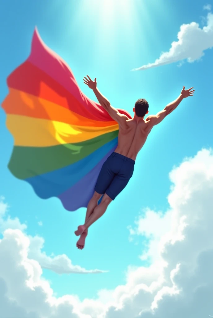 masterpiece, best quality, 1 naked muscular boy, falling from the sky, clouds, balloons, full body shot,