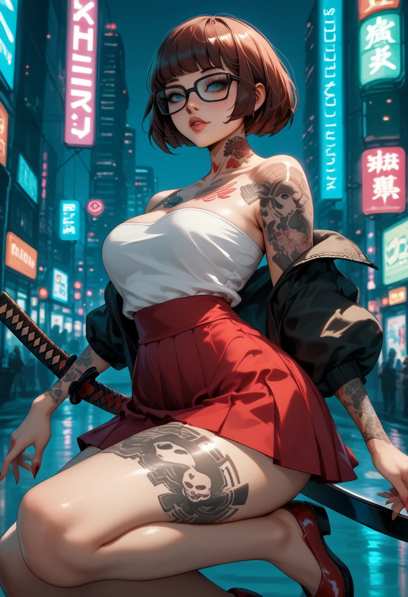 cinematic visuals of a beautiful curvy woman velma dinkley  have tattoos full body cyberpunk cyberpunk neon city body sharp gaze sexy pose wearing mini skirt panties have a katana sword seductive pose