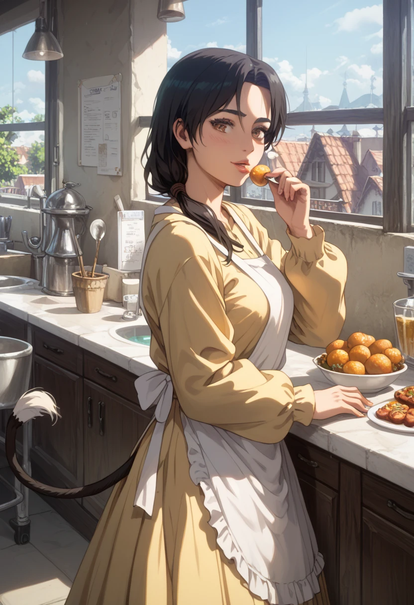 ( person ， Carla Yeager ，)，( top quality, masterpiece, 8k:1.2),  Rating Explicit,  1 girl,   heterosexual lover, high definition， very aesthetic， with glossy skin， Beautiful Eyes， beautiful body， brown eyes， black hair，loose side tail，low ponytail， Yellow Long Sleeve Y Shirt ，white apron without frills， Long Skirt，