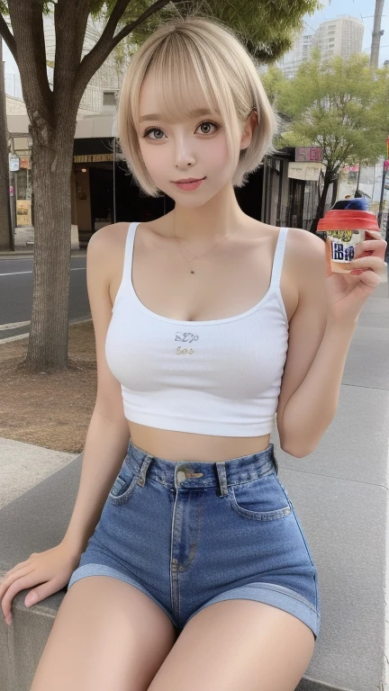 ((top-quality、8K、masterpies:1.3))、1girl in、Beautiful woman with slim abs accent:1.3、Super Detail Face、Delicat eyes、二重まぶた、Soft breasts、Ultra exposed cleavage、full body Esbian、Pink hair、Suntan-Skin、bobhair、Pink crop top、Opens mouth and laughs、cafes、Short jeans、20yr old、Opening Mouth、short-cut、erotick