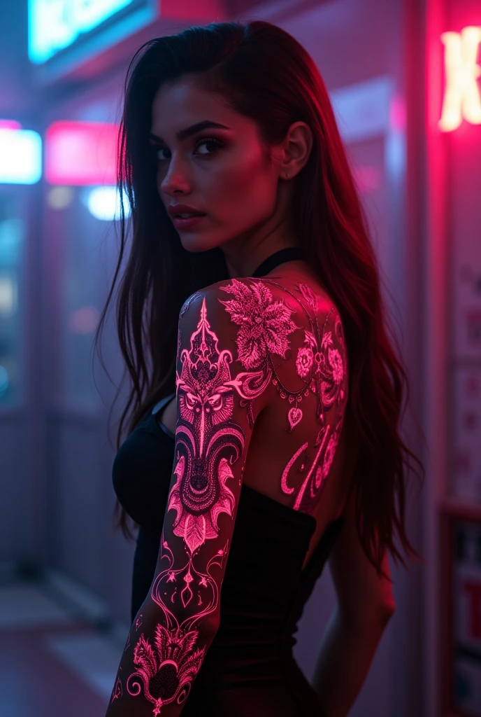 Black Light Art,Glow in the Dark Tattoo,Half demon half god seamless fusion back tattoo,Melancholy atmosphere,Symmetrical balance,Gothic horror,Dark Fantasy,masterpiece,Best quality,8k,Ultra Detail,Clear focus,