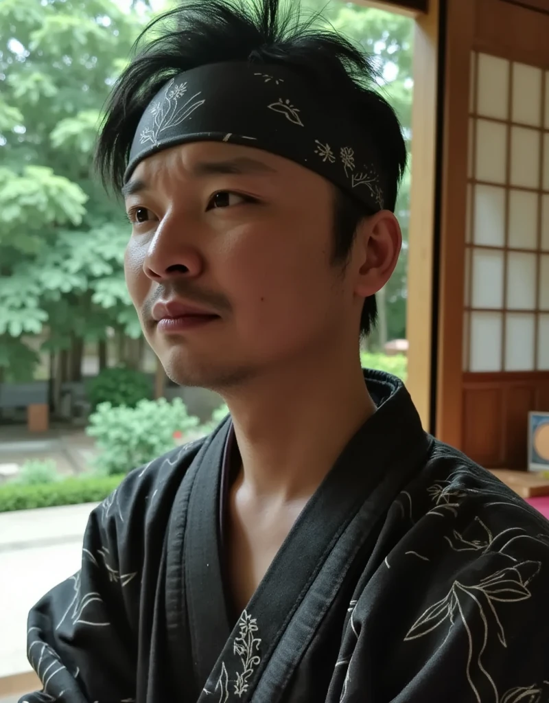 Male Model, Japanese clothing, garden,  tatami room ,  natural light,  gentle expression , Japanese Culture, antiquity, Interesting