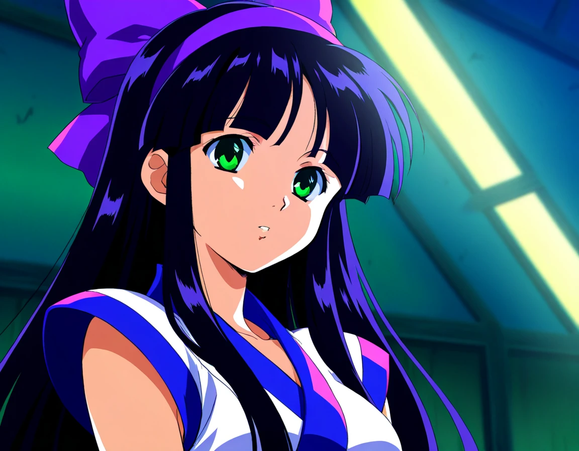 masterpiece, very aesthetic, anime coloring, anime screenshot, official art, illustration, 
1girl, solo, solo focus, 
((Purple Nakoruru)), hair ribbon, medium breasts, 
sfw, shiny hair, 
, 
parted lips, 
, 
,