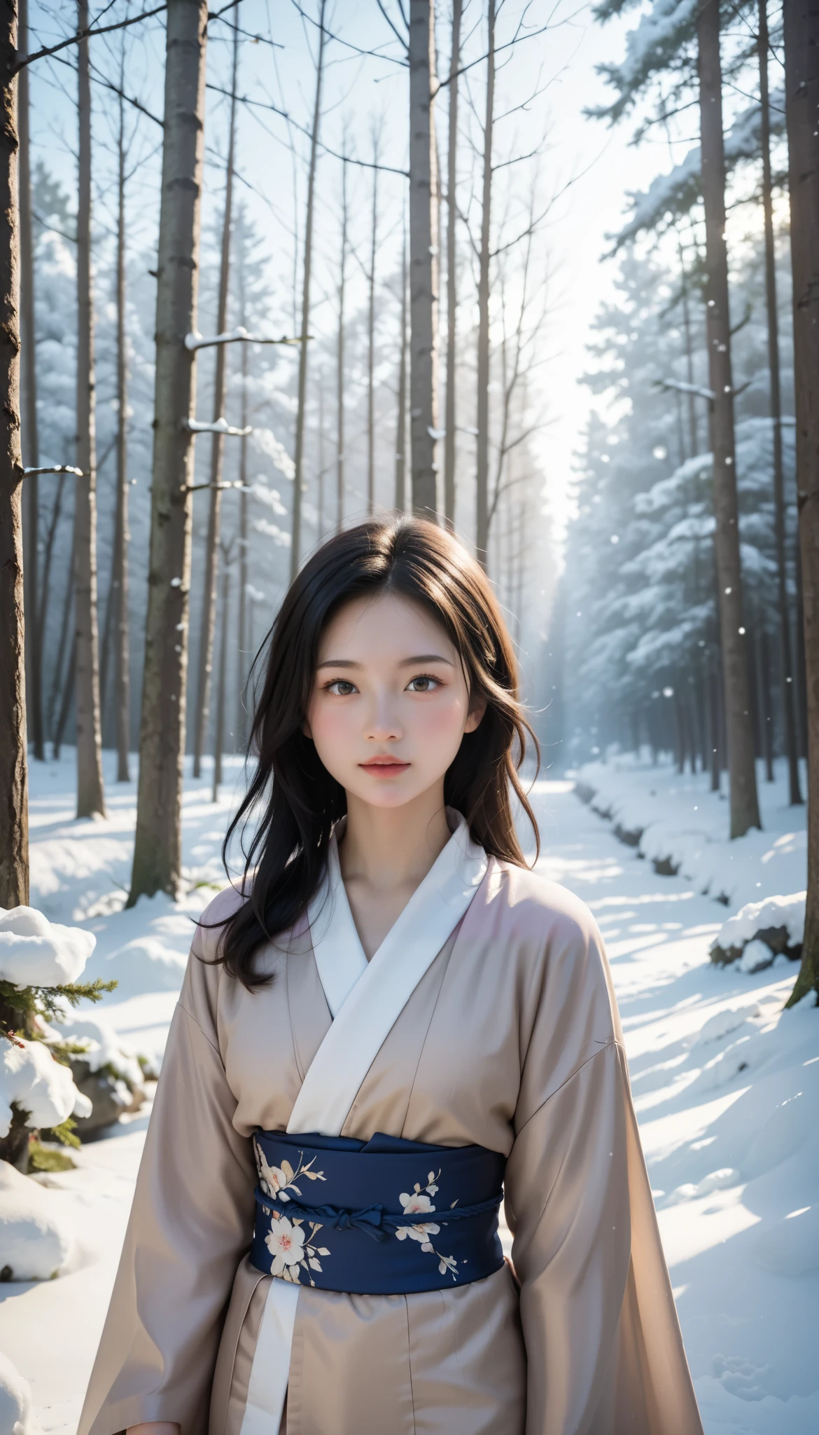  black hair、  cute顔, ( kimono)、( top quality,Masterpiece:1.3, super A high resolution,),( very detailed, caustics ),( Photorealistic:1.4,RAW shooting,) super realistic capture , very detailed,High resolution 16K suitable for human skin、  skin texture is natural 、、 for even skin tone and healthy appearance、  use natural light and color , one woman, Japanese ,, cute, black hair, Making middle hair ,( depth of written border 、 Color Difference、、Wide lighting range、Natural Shading、)、、( snow is falling :1.3)、( hair fluttering in the wind:1.3)、( snow reflects light :1.3)