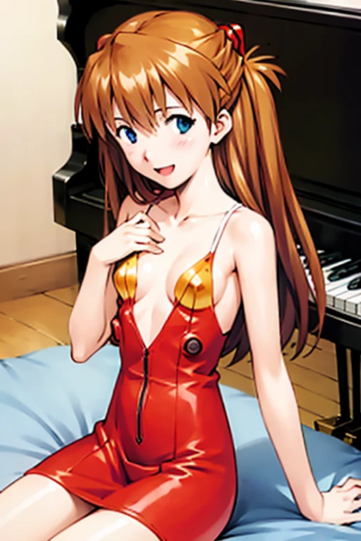 (( top quality)), ((masterpiece)), (be familiar with),  Perfect Face, indoor, bedroom,  Watching Viewers ,
One woman,  Soryu Asuka Langley,
開いた口,  ecstatic expression beside the piano, blush, smile,
 small tits,  flat chest, Young girl, Lori,  s,  girl,
 long hair,  two side up,
Leg spread,