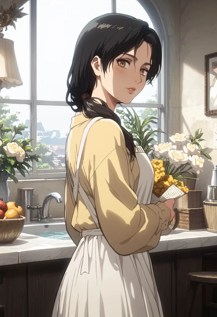 ( person ， Carla Yeager ，)，( top quality, masterpiece, 8k:1.2),  Rating Explicit,  1 girl,   heterosexual lover, high definition， very aesthetic， with glossy skin， Beautiful Eyes， beautiful body， brown eyes， black hair，loose side tail，low ponytail， Yellow Long Sleeve Y Shirt ，white apron without frills， Long Skirt，