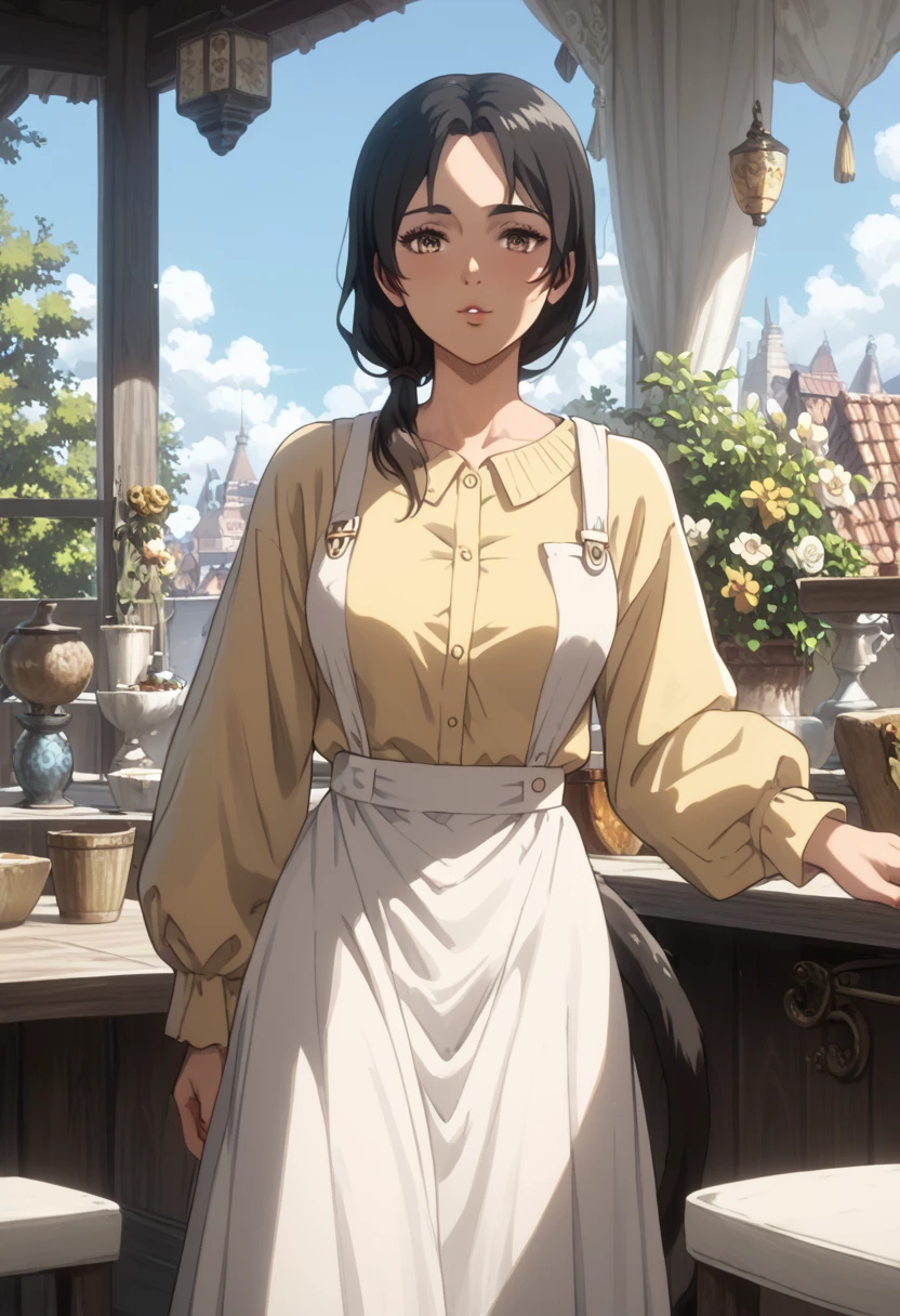 ( person ， Carla Yeager ，)，( top quality, masterpiece, 8k:1.2),  Rating Explicit,  1 girl,   heterosexual lover, high definition， very aesthetic， with glossy skin， Beautiful Eyes， beautiful body， brown eyes， black hair，loose side tail，low ponytail， Yellow Long Sleeve Y Shirt ，white apron without frills， Long Skirt，