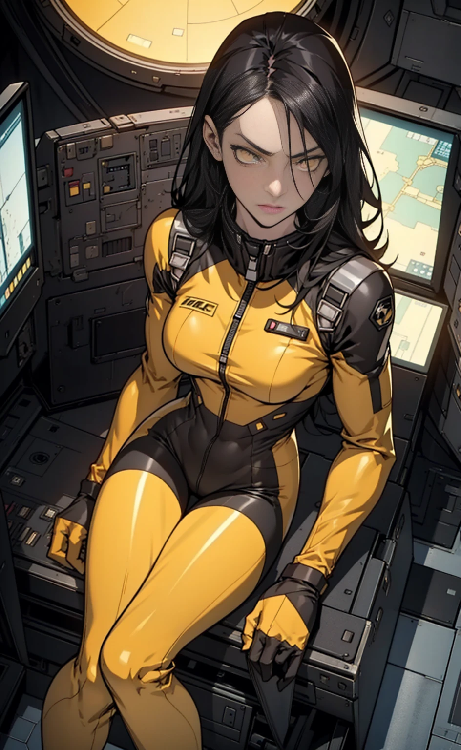 1 Girl、Medium Bust、solo、Black Hair、Braid、Mobile Race Suit、Shoulder Armor、ceiling、Wide Shot、Looking Ahead、Arms crossed、Closed Mouth、Highest quality、medium quality、22 years old、Mobile Trace System、cockpit、Asian、