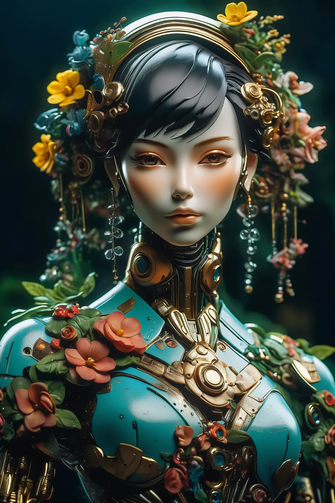 (masterpeace), ((super real photography: 1.5)), ((photo realistic: 1.3)), (real photo),
young girl with a lot of flowers, ((A young girl robot: 1.5)), (bust statue: 1.3),
BREAK
headgear, ((real crystal skin)), ((beautiful face: 1.5)), ((Super cute: 1.5)), ((babyface: 1.5)), ((well-balanced face)), (half-closed eyes: 1.5), longeyelashes, stunning big eyes, luscious glossy lips, ((blunt bangs: 1.5)), (long hair),
BREAK
(slender body: 1.3), petite bust, flower bloom, (flowers: 1.5),
BREAK
octane rendering, Super Detailed armor,
BREAK
(simple background: 1.3), ((bust shot: 1.3)), cinema quality, professional photograph, (photo studio: 1.5), (Bright Light: 1.2), Eye-Level Shot, wide lens, (fujifilm 35mm), (film photo), RAW, Excessive Embellishment, UHD,
BREAK
anatomically correct, textured skin, best quality, 8k