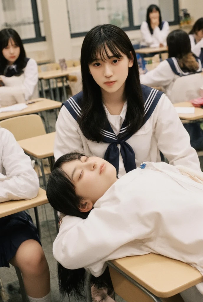 (((NSFW)))(masterpiece, best quality, highly detailed, ultra detailed, high resolution, absurdres:1.2), from side, look at viewer,
BREAK
(1girl,yo,cute:1.2), solo,
(sitting:1.1), chair, (dark blue neckerchief:1.2), pleated skirt, school sailor uniform, long hair, big breasts,
BREAK
(black hair:1.3), 
indoor, school, classroom, (crowd:1.1), (sleeping on desk:1.3), (right eye open:1.3), grin, (shirt lift:1.5), (no bra, nipples breasts out:1.5),