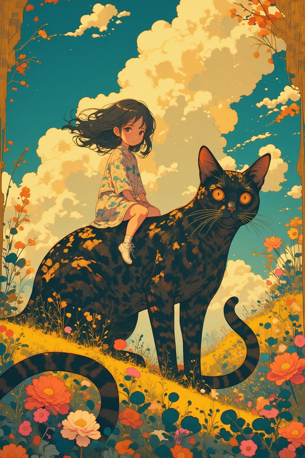  There is a picture of a girl sitting on the back of a giant ghost cat,  an elaborate painting inspired by Paul Ranson , polycount,   naive art ,  Additional Details ,  graphic details , Stylized Paintings , Detail shot, fake hidden detail,  mythical flower hill , Blurred、 dreamy illustration ,  middle close-up ,  middle close-up  shot