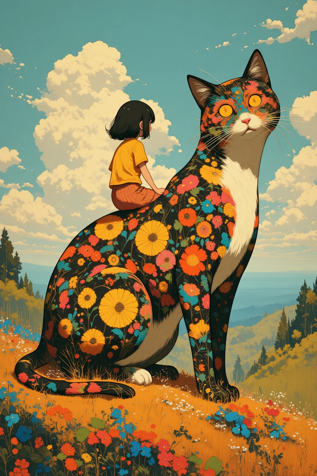  There is a picture of a girl sitting on the back of a giant ghost cat,  an elaborate painting inspired by Paul Ranson , polycount,   naive art ,  Additional Details ,  graphic details , Stylized Paintings , Detail shot, fake hidden detail,  mythical flower hill , Blurred、 dreamy illustration ,  middle close-up ,  middle close-up  shot