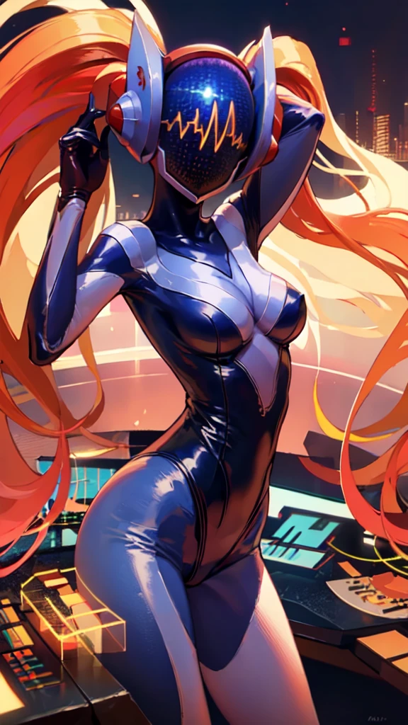 Masterpiece,   Details,  High Quality ,  That&#39;s ridiculous., rsona ,  from the side 1 girl , Alone, Mature women,  Medium Breasts, Curvy,  Thin Waist,  Wide Hips ,  thighs,
 blake redhead ,  gradient hair, Multicolored Hair,  orange hair,   ridiculous long hair  ,  twin tails, 
 BREAK BODYSUIT , 
 break standing split,  Victory Pose,  atmospheric perspective ,