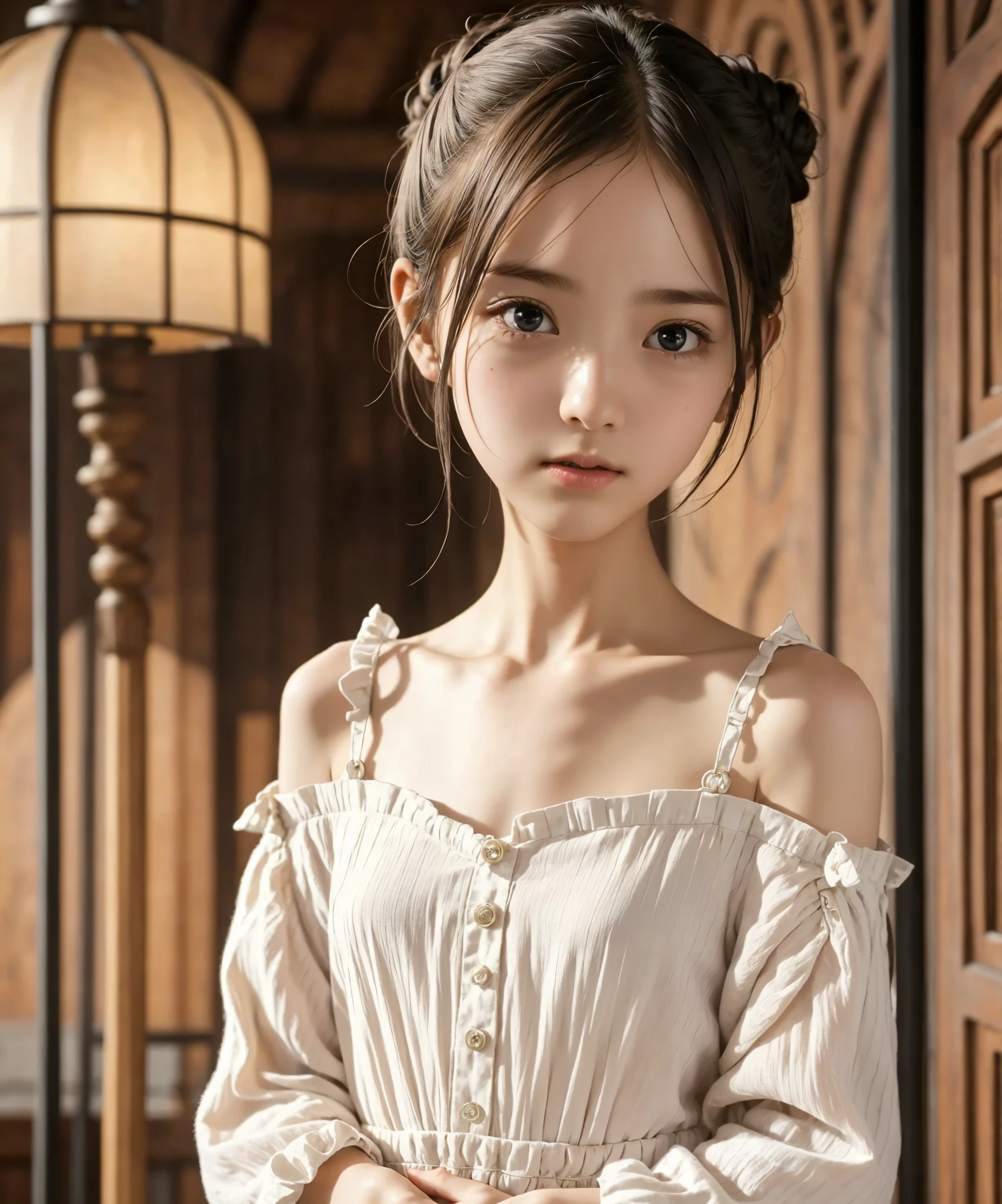  Unity 8K Wallpaper,  more details,  beautiful,  beautiful, masterpiece,  top quality, vibe, mystery, Romanticism, literature, art, fashion,  Victorian, Decoration, Complexity, Ironwork, race, meditation, Depth of emotion,  Supernatural, 1 girl, white skin,White Shoulders,Narrow shoulders,Thin arms, slender waist, bun hair 