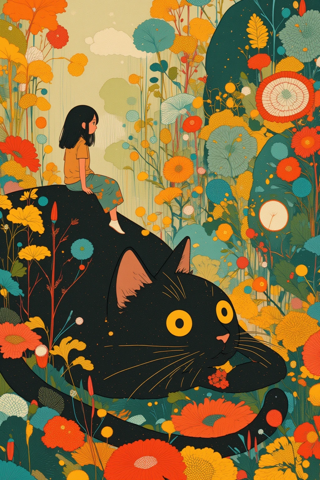  There is a picture of a girl sitting on the back of a giant ghost cat,  an elaborate painting inspired by Paul Ranson , polycount,   naive art ,  Additional Details ,  graphic details , Stylized Paintings , Detail shot, fake hidden detail,  mythical flower hill , Blurred、 dreamy illustration ,  middle close-up ,  middle close-up  shot