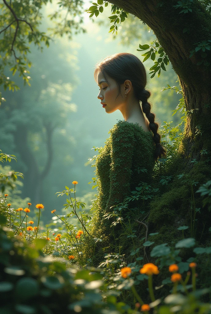 An intriguing bird-eye view of a female elf warrior, her back to the camera, revealing the intricate detailing of her costume against the magical forest setting. The photograph carries the soft twilight luminescence. (bird-eye view: 1.5), (back pose: 1.4), (mysterious forest: 1.5), (twilight luminescence: 1.3), (erotic adventure: 1.4), (fantasy world: 1.5).