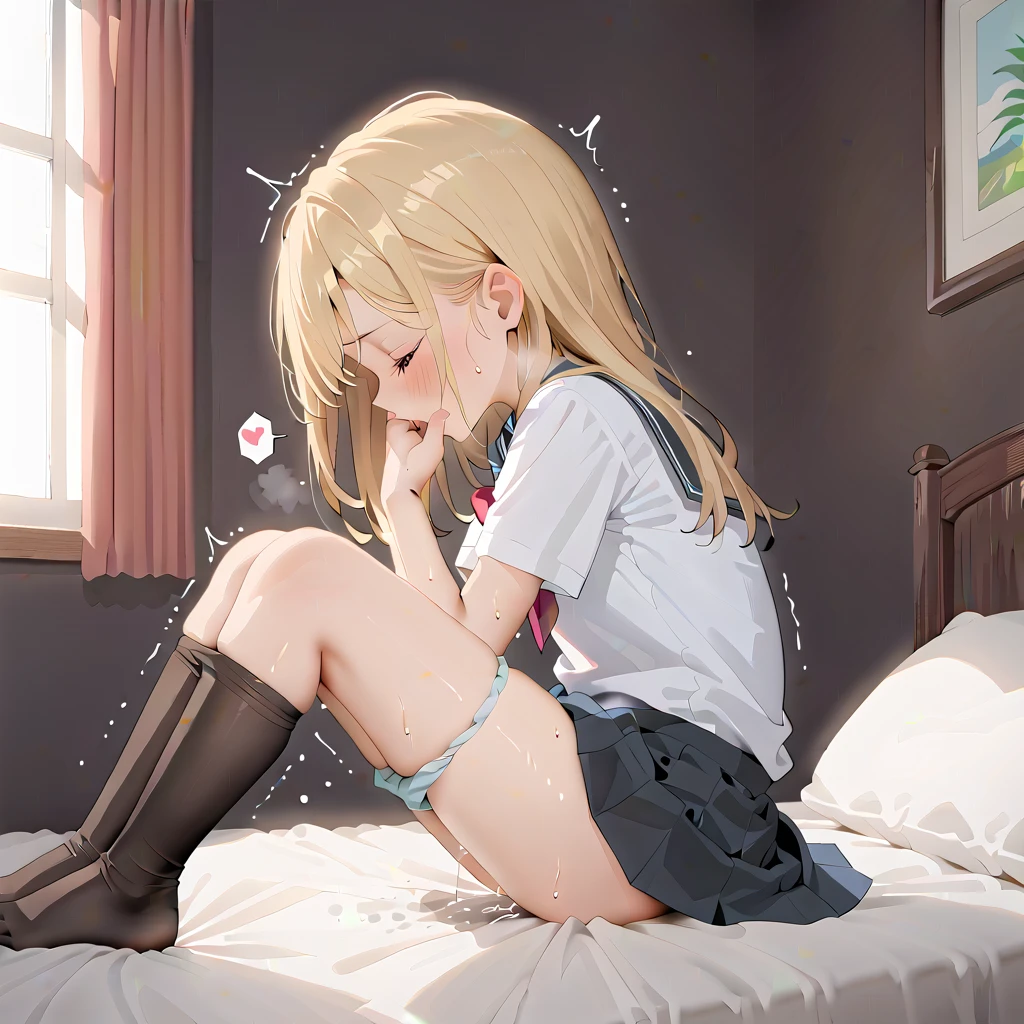 (masterpiece,beautiful,hughres,CG,8k,16k,best quality,high-resolution,detailed fingers,detailed hands,detailed legs,detailed eyes:1.5),anime,source anime,illustration,face focus,(from side:1.6),(2girls:1.5),(evening,indoor,one&#39;s home,bedroom:1.5),(sunset:1.3),shadow, Dark Room,(on the bed:1.4),(head down:1.2),(girl on the left(blonde hair):1.5),(girl on the right(pink hair):1.2),( thighs:1.4),(school uniform,white shirt,pleated skirt,black skirt,black thighhighs:1.3),small breasts,(panties pull,panty pull:1.3),(sitting),(My legs,knees to chest,folded,knees together feet apart:1.4),(profile:1.2),(back-to-back:1.4),hand over own mouth, covering own mouth,(female masturbation:1.3),(female orgasm:1.4),(pussy juice:1.2),(trembling:1.4),(gasping,heavy breathing,blush:1.5),(impatience1.1),flustered,(fidgeting around:1.4),(steam:1.2),(sweat skin,sweat:1.4),(streaming tears:1.3),(drooling:1.1),(looking away:0.5),(looking down:1.4),(spoken heart:1.3),(closed eyes:1.6),open mouth