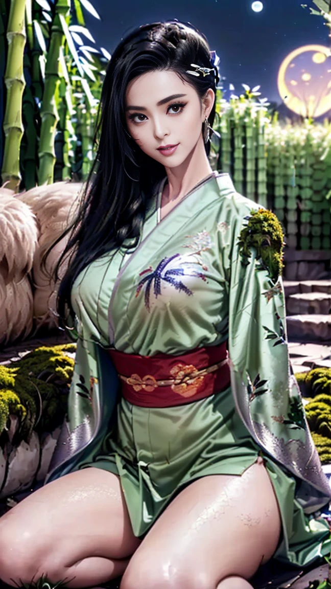 A hyper-realistic fantasy portrait of Lady Guren from the anime Naruto, reimagined in real life, standing confidently in front of a cluster of giant glowing pink crystals rising from the ground like jagged spires. Her pose is elegant and commanding, with one leg slightly forward, revealing her toned thigh through the slit of her green kimono-style robe. The robe is richly textured, dark green with maroon trim and a large white floral insignia on the side, held in place by a thick rope tied at her waist. Her gloves and thigh-high maroon boots accentuate her slender, athletic frame.

Lady Guren has long indigo hair styled in a dynamic, spiky ponytail, with sharp bangs framing her graceful, determined face. Her expression is calm and confident, lips slightly parted, eyes shimmering with power and intellect. The background is filled with sharp translucent crystals glowing in varying shades of pink and lavender, reflecting light like cut gemstones. The environment feels otherworldly, bathed in soft magical glow and ethereal ambient lighting.

The scene is shot on Fujifilm Provia 100F film for vibrant, saturated colors and delicate skin tones, capturing every glint of light on the crystal surfaces and the fine detail in her clothing. High resolution, ultra-detailed textures, shallow depth of field, cinematic soft glow, realistic shadows, and light refraction effects from the crystal shards create a mystical yet powerful aura around Lady Guren.