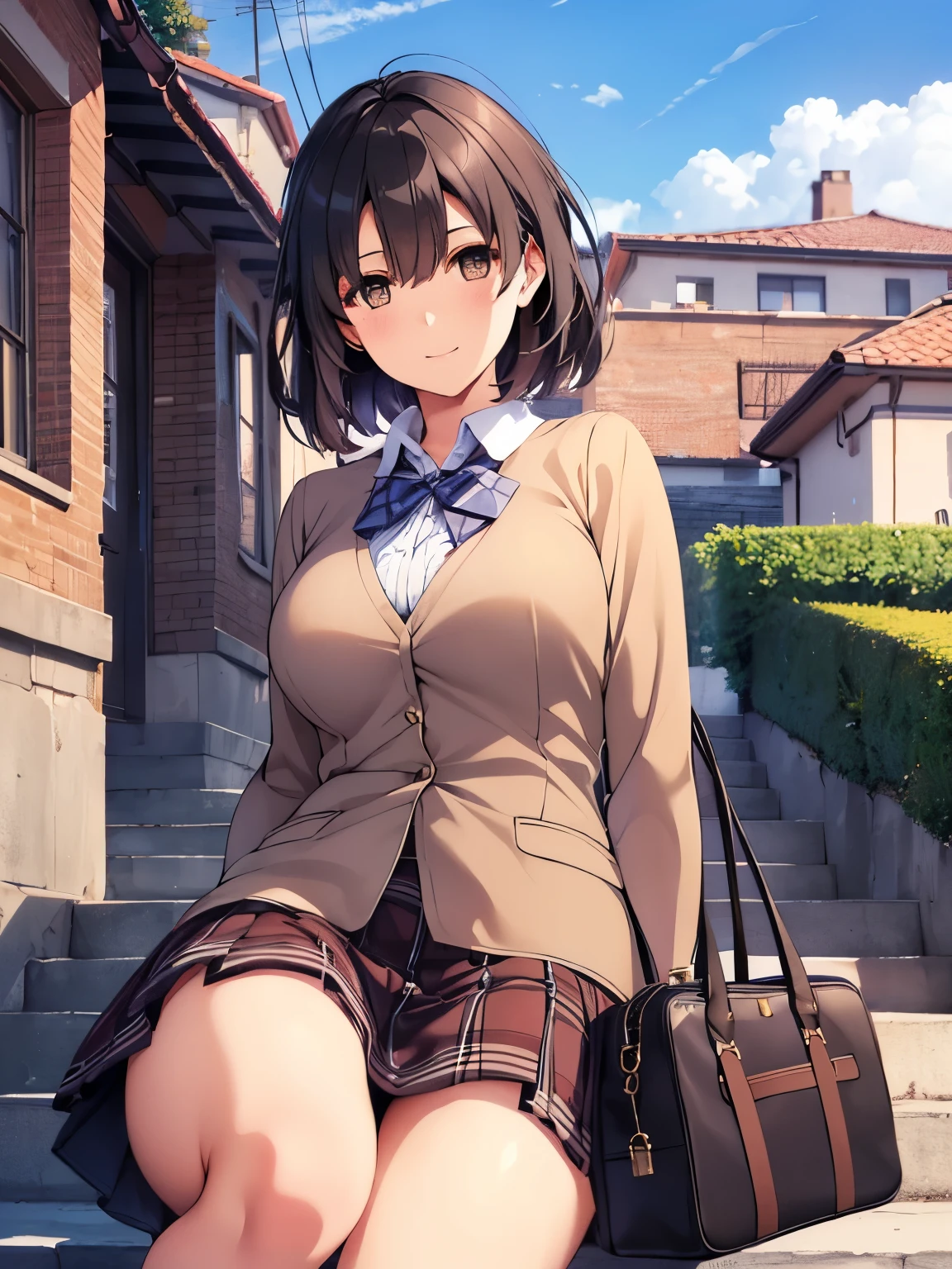  very cute and beautiful girl ,( very detailed美しい顔),(smile), happy , cowboy shooting,
( brown jacket:1.2), collared shirt ,Checkered Bowtie BREAK Fine Legs , absolute domain, brown shoulder bag on Italian street, brown boots ,
  stylish pose, dynamic angle, hair ornament, black hair,(Blue plaid mini skirt :1.2),Rose Garden Arbor,Stone Stairs,
( top quality,Masterpiece:1.2),  disorganized , high definition, very detailed, very detailed,32K, 8k resolution,
 intricate details,Cinematic scene, detailed background,Alone, dynamic angle,
Alone, natural light, hair fluttering in the wind, Beautifully detailed skies , plump body、Meaty thighs、 plump breasts、round face、Baby Face、 Shy Faces 、 micro mini skirt