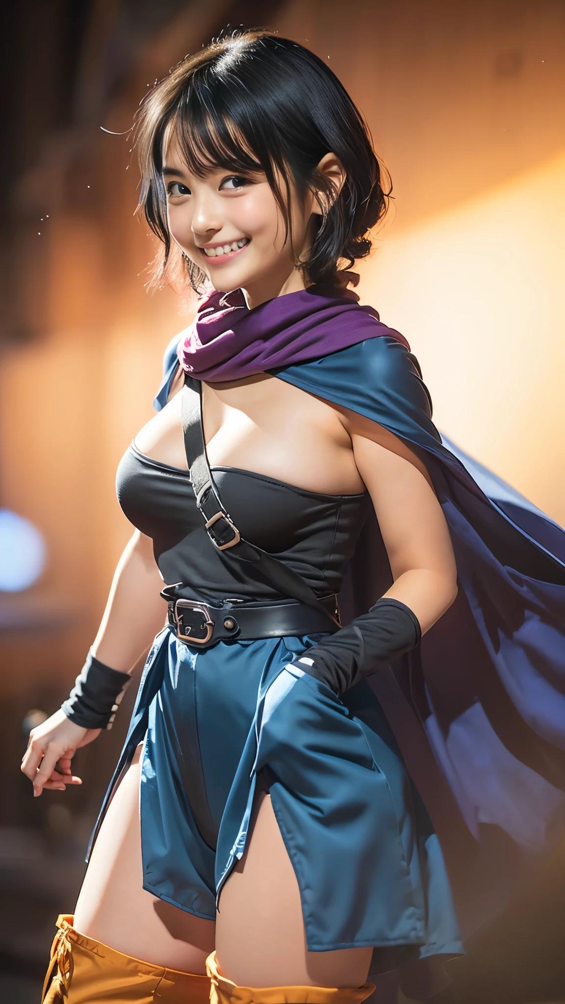((Masterpiece:1.4)), (high resolution:1.4), (standing:1.5), (from behind:1.2), 1girl:1.5, solo, outside, roto (dq3), 1girl, solo, short hair, brown hair, blue eyes, circlet, large breasts, cleavage, strapless, blue dress, purple cape, thighhighs, elbow gloves, boots, belt, scabbard, knee boots, beautifull smile, beautiful face, highly detailed face, higly detailed eyes, highly detailed skin, skin pores, realistic pupils, full face blush, full lips, (perfect anatomy:1.1), (perfect proportions:1.1), (photography:1.1), (photorealistic:1.1), volumetric lighting, dynamic lighting, real shadows, (highres:1.1), sharp focus, daylight, (realistic, hyperrealistic:1.4), intricate, high detail, dramatic, subsurface scattering, big depth of field, vivid, polished, sharpened, ((full Sharp)), (extremely absurdres),16k hdr,