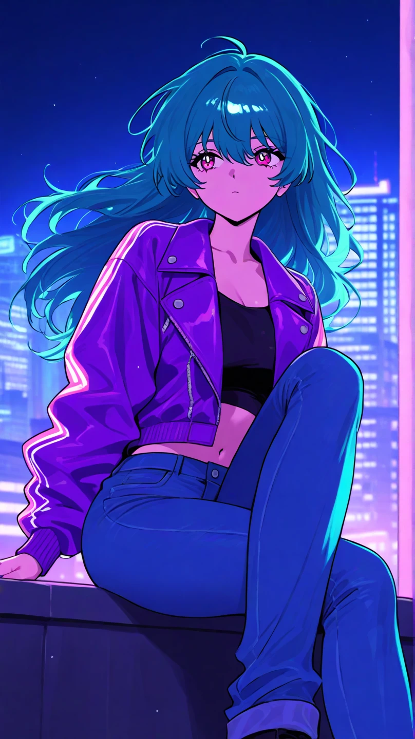 a woman with long hair, wavy dark teal green hair, pink eyes, jeans jacket crop top, 80's japan, kpop style, sitting at the roof, (((alone))), looking to vast city night, neon tokyo city,