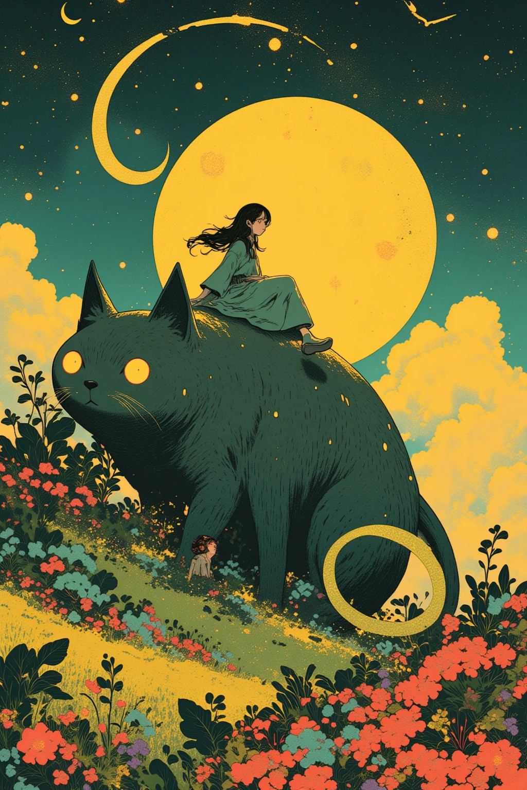  There is a picture of a girl sitting on the back of a giant ghost cat,  an elaborate painting inspired by Paul Ranson , polycount,   naive art ,  Additional Details ,  graphic details , Stylized Paintings , Detail shot, fake hidden detail,  mythical flower hill , Blurred、 dreamy illustration ,  middle close-up ,  middle close-up  shot