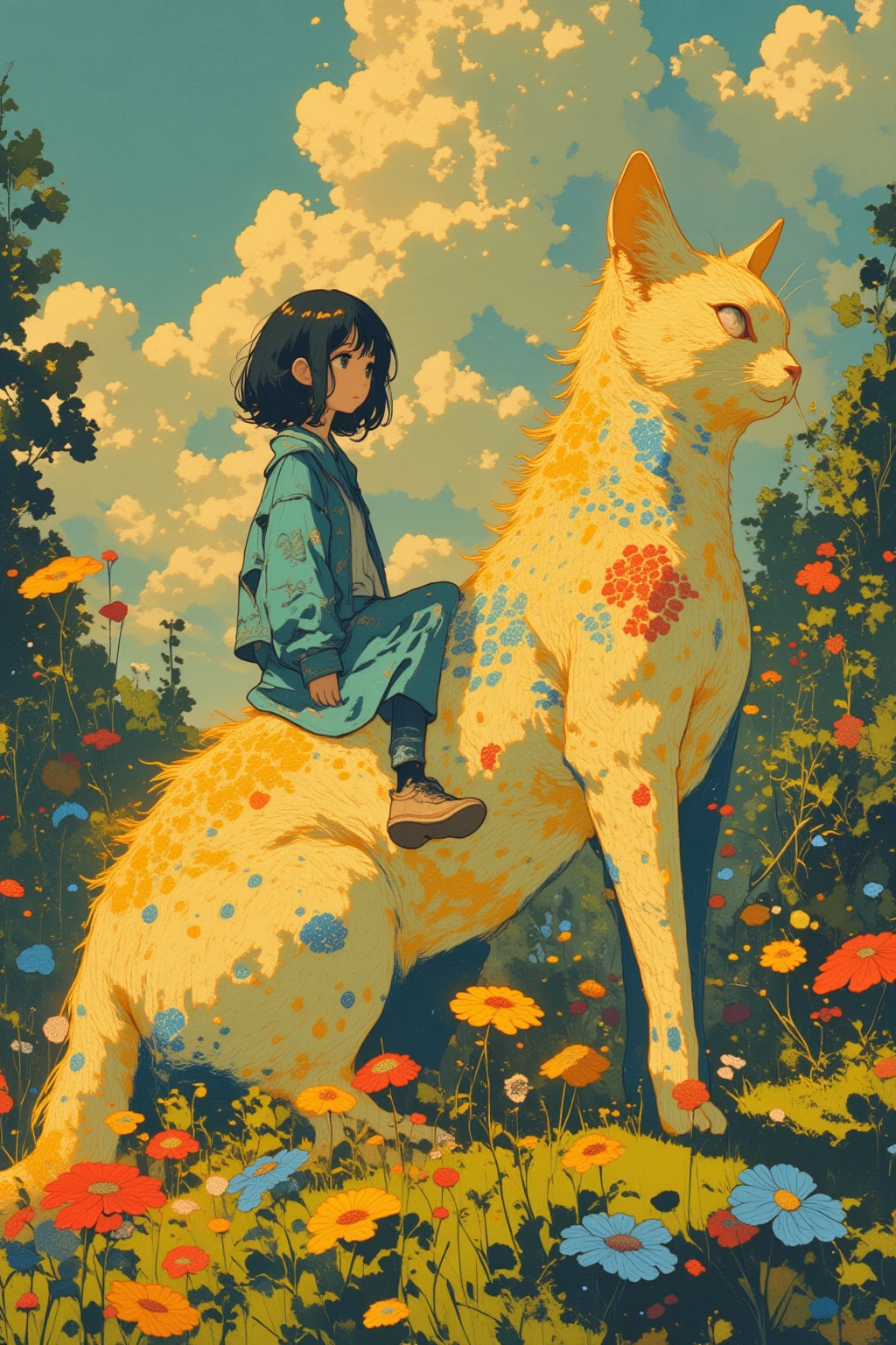  There is a picture of a girl sitting on the back of a giant ghost cat,  an elaborate painting inspired by Paul Ranson , polycount,   naive art ,  Additional Details ,  graphic details , Stylized Paintings , Detail shot, fake hidden detail,  mythical flower hill , Blurred、 dreamy illustration ,  middle close-up ,  middle close-up  shot