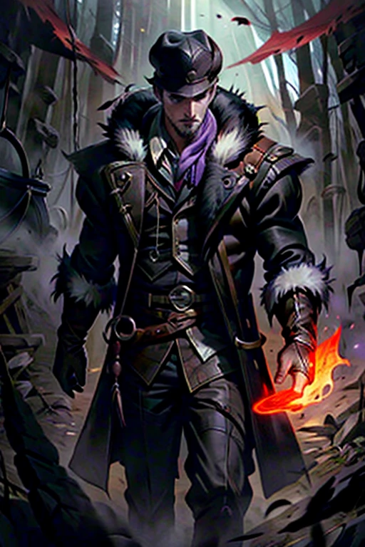 (masterpiece, best quality), aesthetic illustration, stylized digital art, abstract and colorful paint style, (1man, thin adult  male:1.2),  purple eyes, black hair, fade with goatee,
 solo, (full body:0.6), looking at viewer, detailed background, detailed face, (frontier western theme:1.1), trapper, trapmaker, smirk, dark fur lined leather clothing, belt, coat, gloves, rugged, trappers hat, scarf, walking, snare,    net,  pelts, hides, campsite background, fallen leaves,  fantasy frontier cinematic atmosphere,
