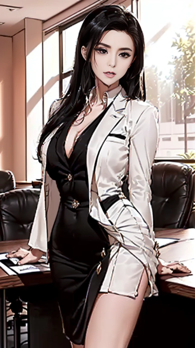arafed woman in a black dress and white shirt posing for a picture, lisa ann, furious dark haired women, in a business suit, wearing a strict business suit, in strict suit, business attire, woman in business suit, with large breasts, wearing business suit, wearing black business suit, ready for a meeting, with a large breasts, wearing tight suit