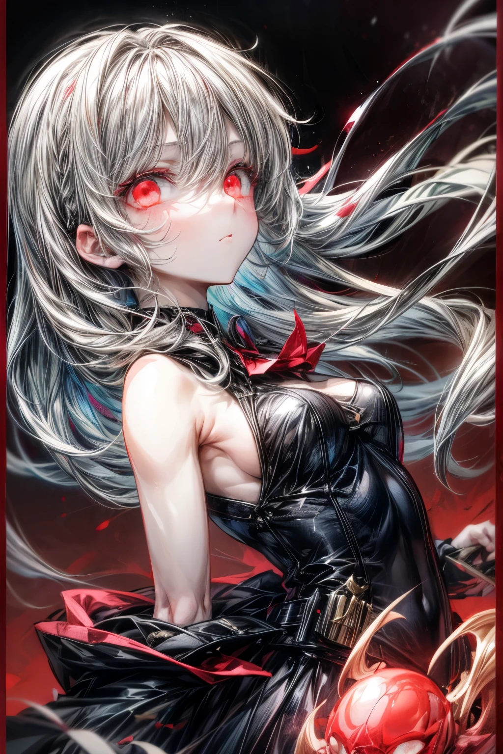 Silver hair, red eyes, unfocused eyes, rotten skin, long hair, B CUP