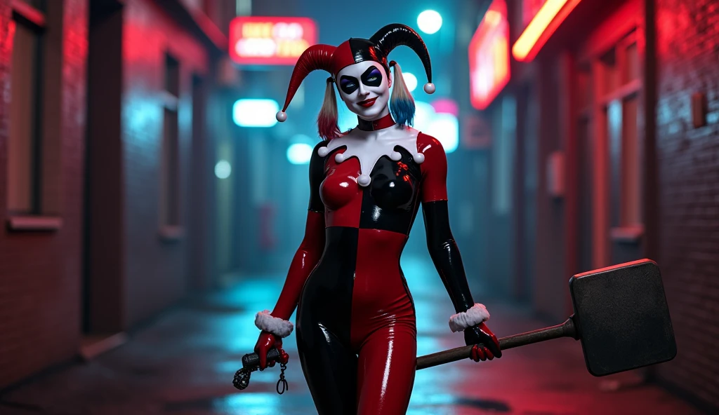 photography, bokeh, highres, ultra detailed, intricate details, absurdres, masterpiece, 1girl, bodysuit, domino mask, gloves, jester cap, parody, lipstick, detailed background, hq1992,