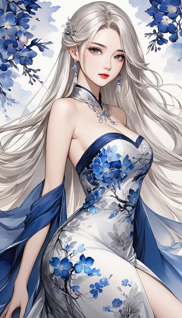  A fusion of ink painting and watercolor painting、dazzlingly beautiful dress、 long silver blond hair、 best quality、masterpiece、