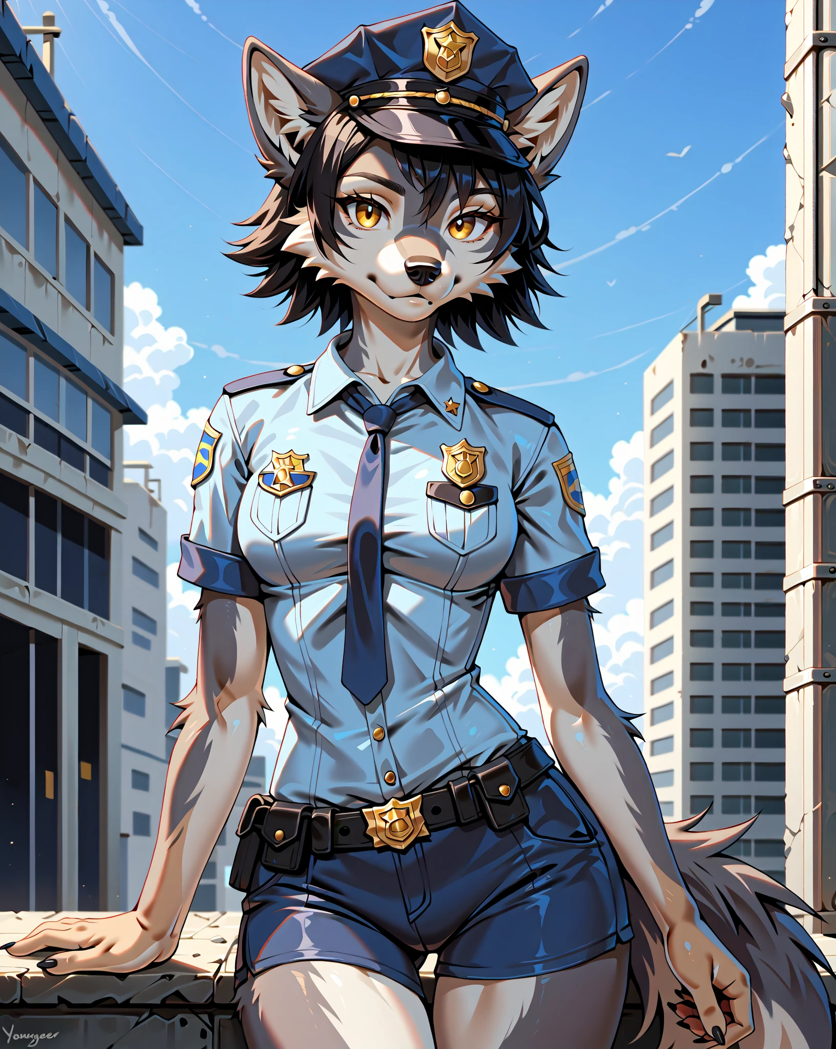 score_9, score_8_up, score_7_up, score_6_up, score_5_up, score_4_up, (detailed face and eyes:1.25), (1 female wolf anthro:1.75), (short hair, black hair, silver fur, gold eyes:1.25), (realistic), (beautiful, cool, boyish, confident:1.25), (tall, long muzzle:1.15), (at police station, interrogating viewer:1.25), (police cap, short sleeve shirt, short pants, police uniform:1.35), (cowboy shot:1.35)