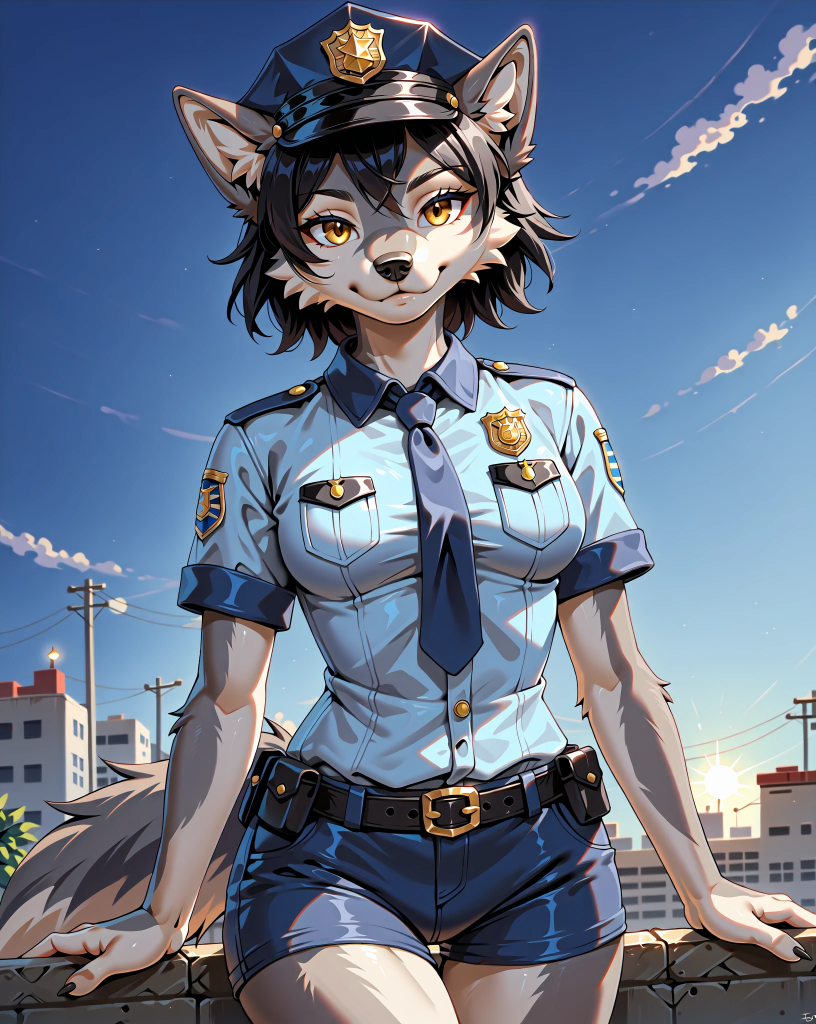 score_9, score_8_up, score_7_up, score_6_up, score_5_up, score_4_up, (detailed face and eyes:1.25), (1 female wolf anthro:1.75), (short hair, black hair, silver fur, gold eyes:1.25), (realistic), (beautiful, cool, boyish, confident:1.25), (tall, long muzzle:1.15), (at police station, interrogating viewer:1.25), (police cap, short sleeve shirt, short pants, police uniform:1.35), (cowboy shot:1.35)