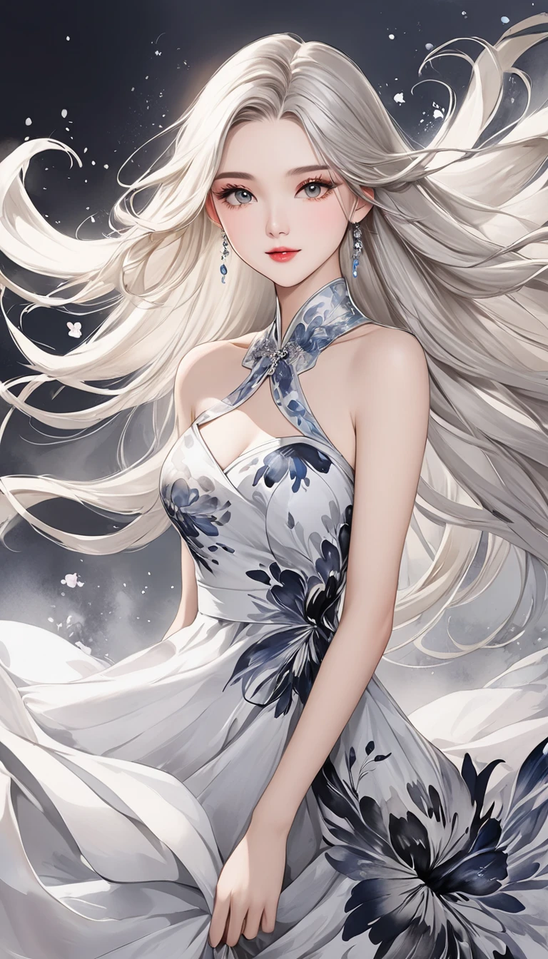  A fusion of ink painting and watercolor painting、dazzlingly beautiful dress、 long silver blond hair、 best quality、masterpiece、