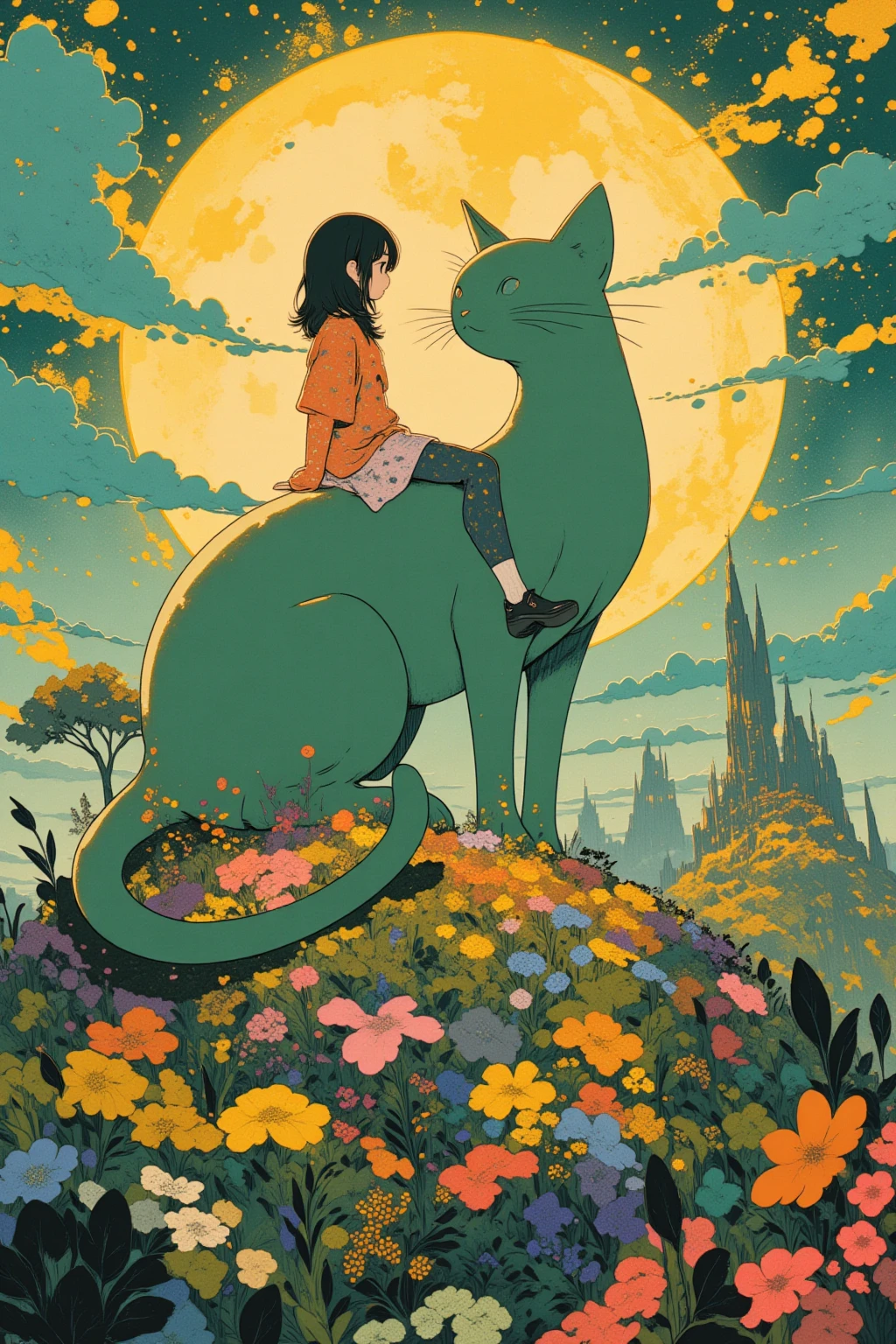  There is a picture of a girl sitting on the back of a giant ghost cat,  an elaborate painting inspired by Paul Ranson , polycount,   naive art ,  Additional Details ,  graphic details , Stylized Paintings , Detail shot, fake hidden detail,  mythical flower hill , Blurred、 dreamy illustration ,  middle close-up ,  middle close-up  shot