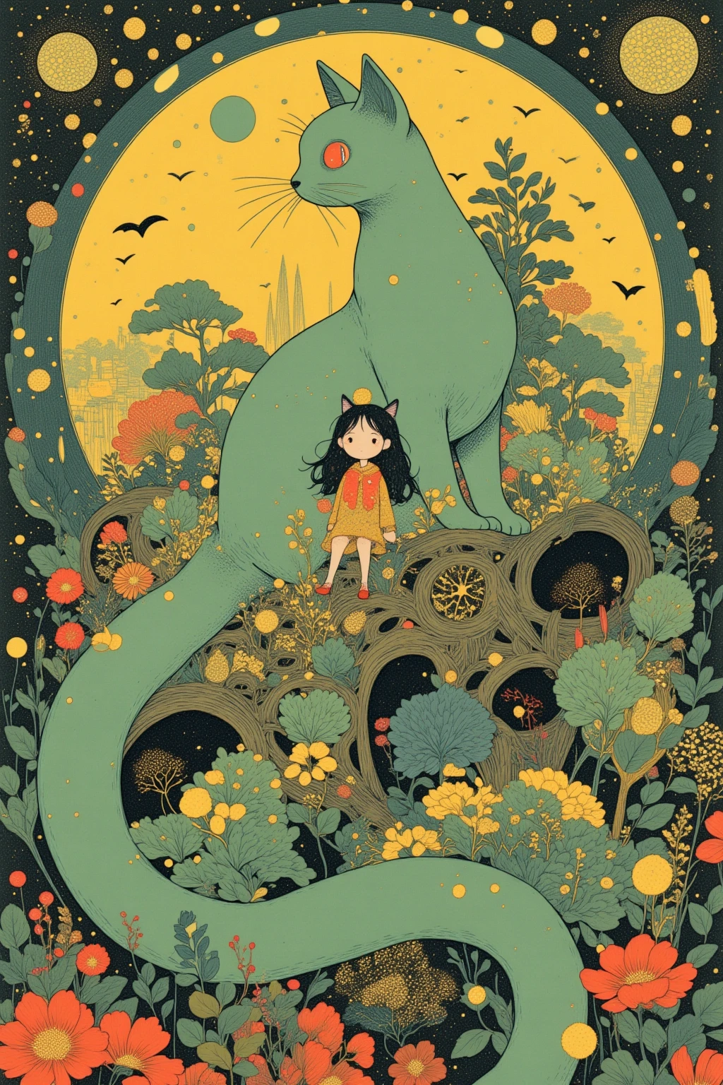  There is a picture of a girl sitting on the back of a giant ghost cat,  an elaborate painting inspired by Paul Ranson , polycount,   naive art ,  Additional Details ,  graphic details , Stylized Paintings , Detail shot, fake hidden detail,  mythical flower hill , Blurred、 dreamy illustration ,  middle close-up ,  middle close-up  shot