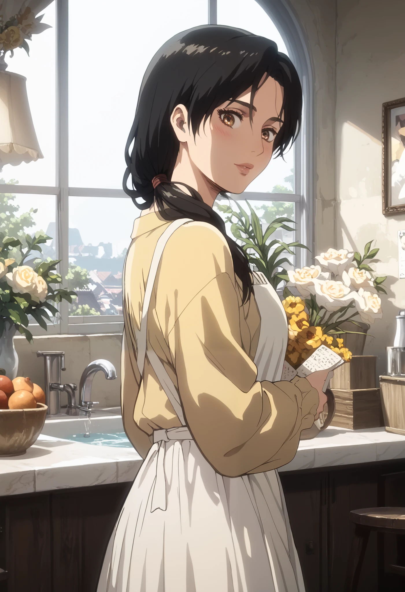 ( person ， Carla Yeager，)，( top quality, masterpiece, 8k:1.2),  Rating Explicit ,  1 girl,   heterosexual lover, high definition， very aesthetic， with glossy skin， Beautiful Eyes， beautiful body， brown eyes， black hair，loose side tail，low ponytail， Yellow Long Sleeve Y Shirt ， No Frills White Apron， Long Skirt，