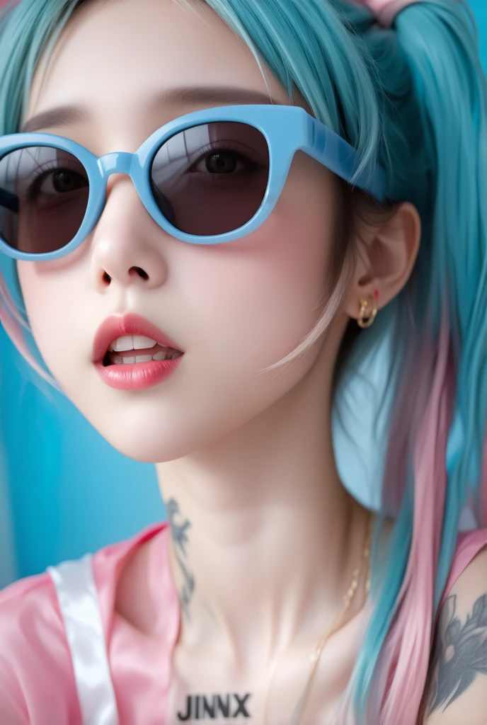 一幅   full of energy   的波普艺术插图，  Close up color inkjet print "JINX"  ，   full of energy   ， Colored sunglasses ，Tattoo，Model pose ，   Animated Illustration   ，   best quality，   Ultra HD， A  full of energy  pop art illustration of Jinx 