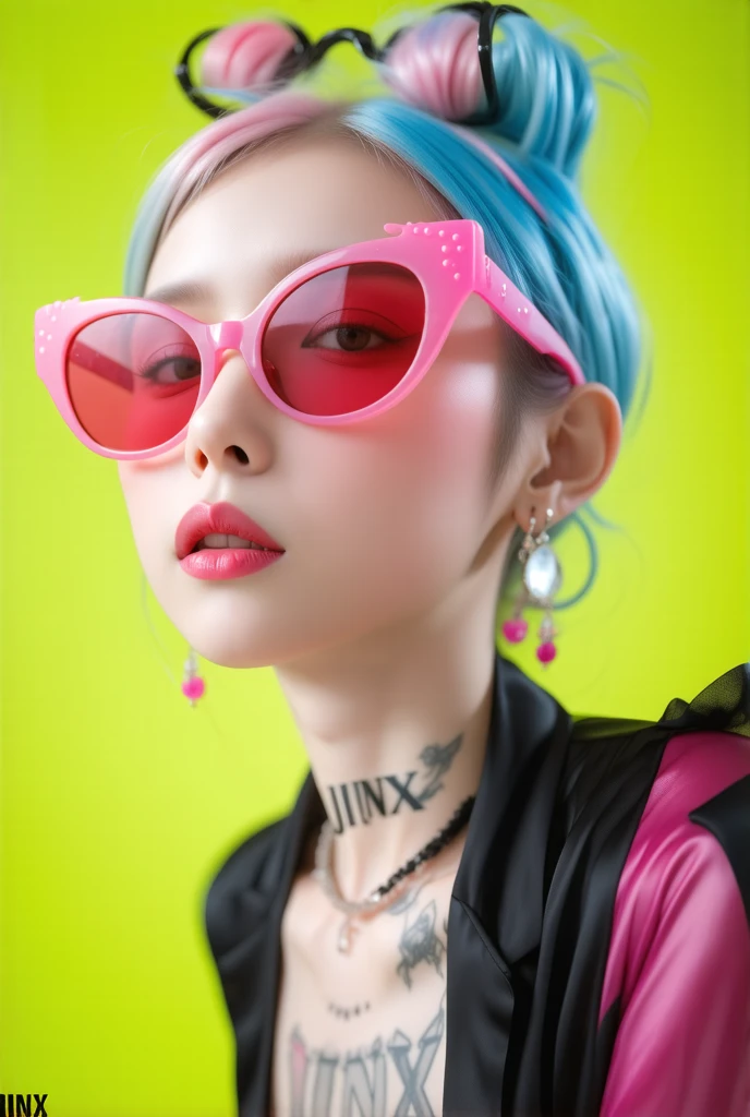 一幅   full of energy   的波普艺术插图，  Close up color inkjet print "JINX"  ，   full of energy   ， Colored sunglasses ，Tattoo，Model pose ，   Animated Illustration   ，   best quality，   Ultra HD， A  full of energy  pop art illustration of Jinx 