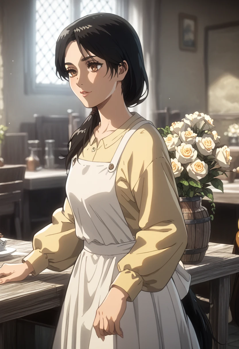 ( person ， Carla Yeager，)，( top quality, masterpiece, 8k:1.2),  Rating Explicit ,  1 girl,   heterosexual lover, high definition， very aesthetic， with glossy skin， Beautiful Eyes， beautiful body， brown eyes， black hair，loose side tail，low ponytail， Yellow Long Sleeve Y Shirt ， No Frills White Apron， Long Skirt， Medieval Europe，