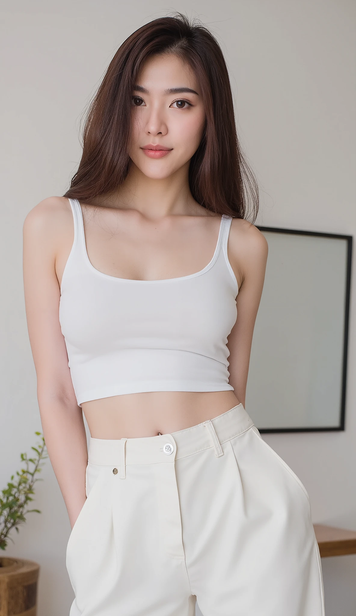 a close up of a woman in a white shirt and denim shorts, wearing a sexy cropped top, wearing crop top, wearing tight shirt, gorgeous chinese model, wearing a cute top, wearing a tanktop, her belly button is exposed, tight shirt, tight outfit, sexy body, intriguing outfit, sexy girl, crop shirt and strong abs, crop top
