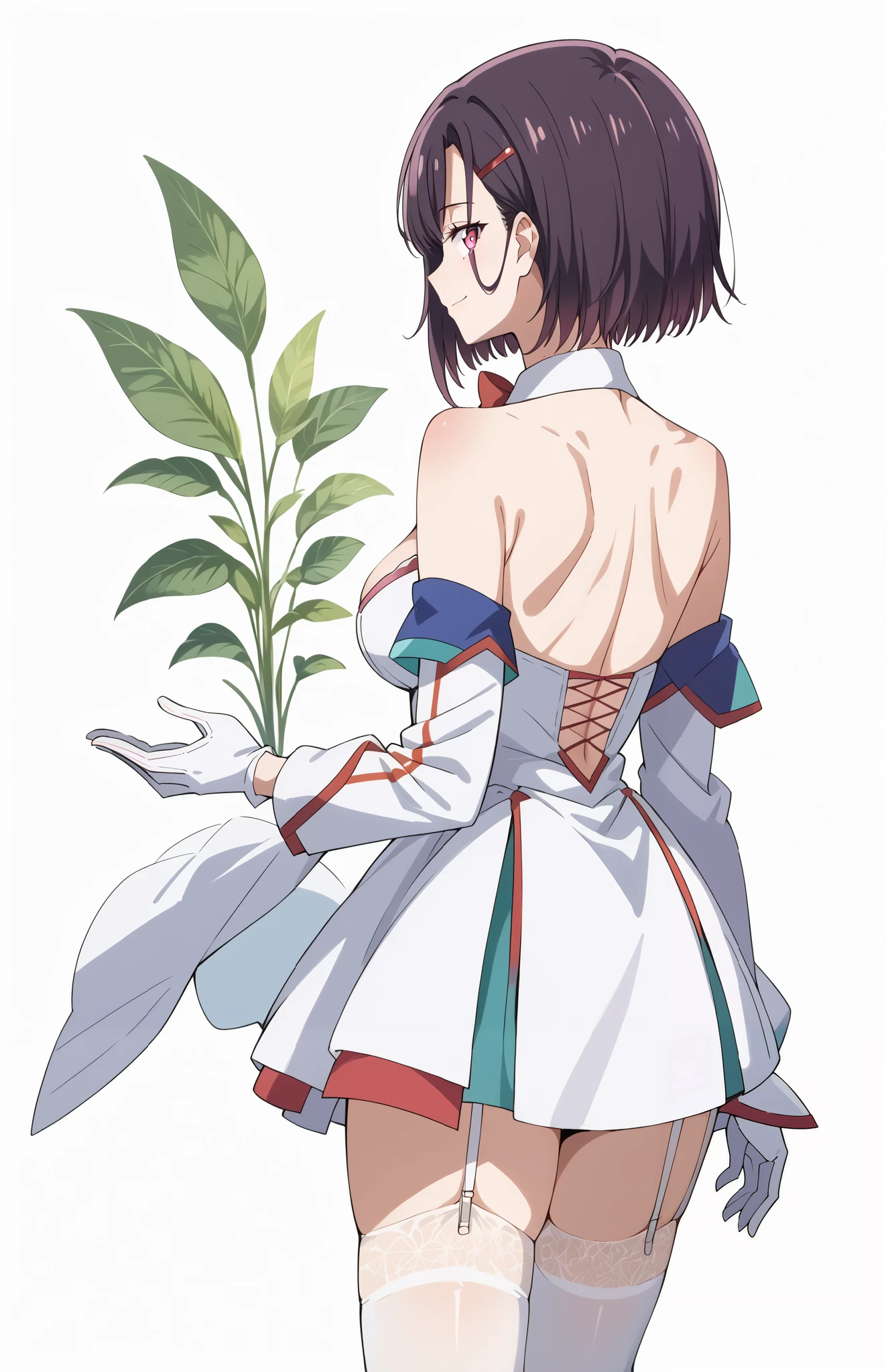 score_9, score_8_up, score_7_up, source_anime, 4K,perfect fingers,(perfect hands, perfect anatomy),prefect lighting, very aesthetic, intricate details,highly detailed background, masterpiece, high quality, best quality,
1girl,solo,shizukamikazuki, shizuka mikazuki, short hair, purple hair, hair ornament, hairclip, pink eyes, swept bangs,
wearing ((halterneck,detached collar,white dress,bare shoulders,cleavage, clothing cutout,red bowtie,detached sleeves,white gloves, garter straps,white thighhighs)),
looking at the spectator, filed,(Lower your hands forward:1.5), high thigh individual , (large breasts:0.9),Stand up,((fullbody:1.5)),((White plain background:1.5)) ,smile,((back view:1.5)),leaning forward:1.3,looking at viewer,