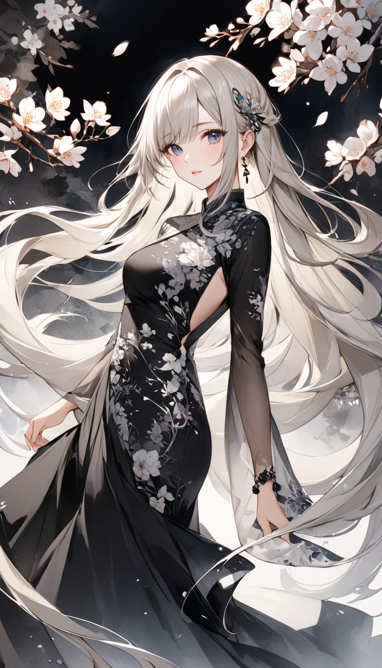  A fusion of ink painting and watercolor painting、dazzlingly beautiful dress、 long silver blond hair、 best quality、masterpiece、