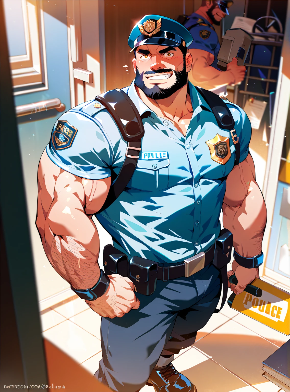 2 Police   ,man, Muscular,  beard and short hair  ,  big penis,  A room in the back  .   just wearing a shirt,not, a big smile on the face ,