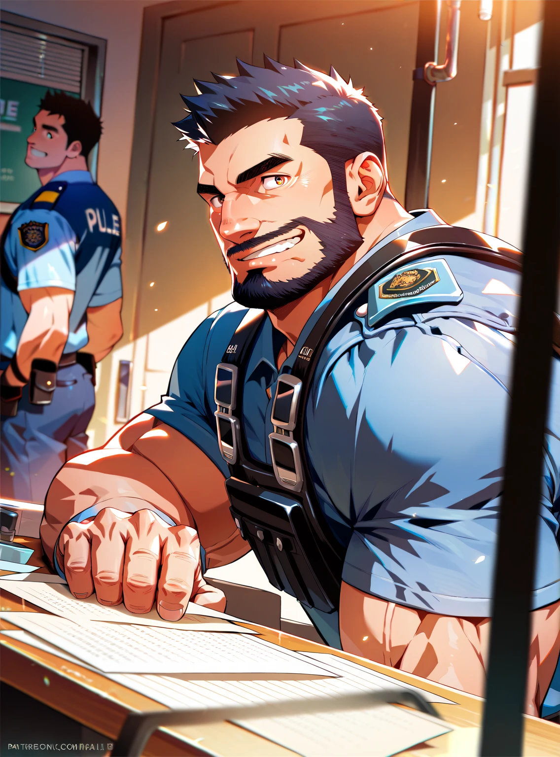 2 Police   ,man, Muscular,  beard and short hair  ,  big penis,  A room in the back  .   just wearing a shirt,not, a big smile on the face ,