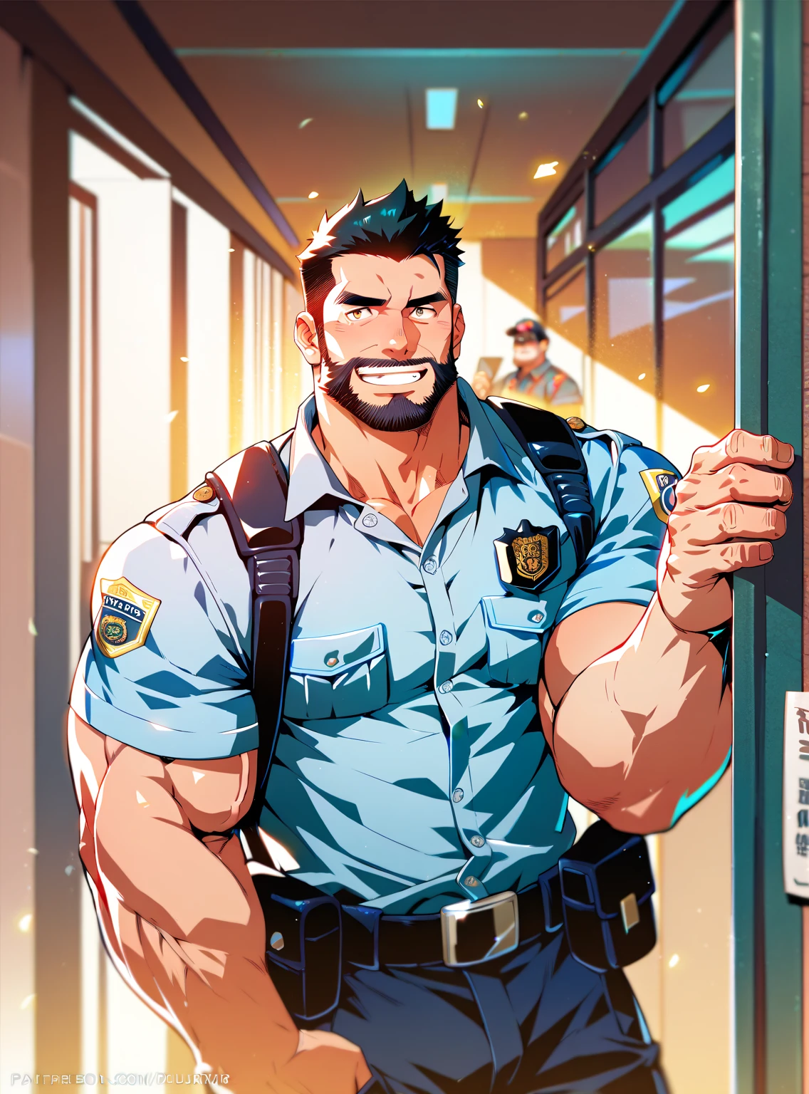 2 Police   ,man, Muscular,  beard and short hair  ,  big penis,  A room in the back  .   just wearing a shirt,not, a big smile on the face ,