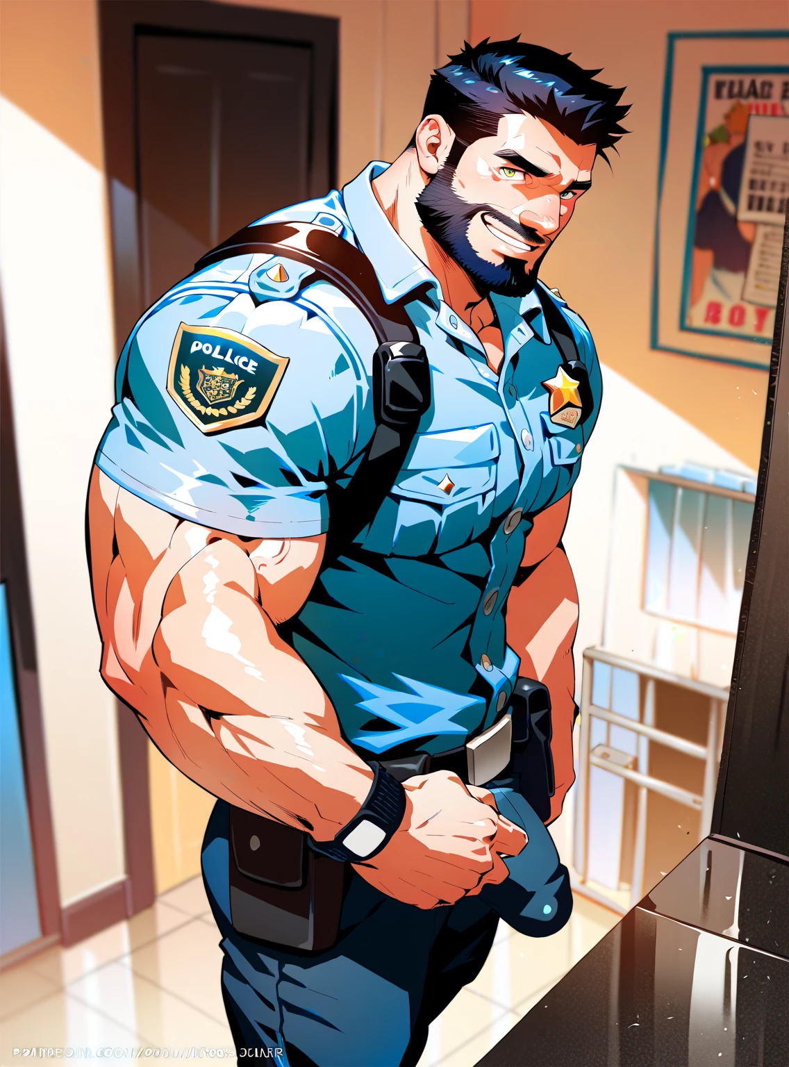 2 Police   ,man, Muscular,  beard and short hair  ,  big penis,  A room in the back  .   just wearing a shirt,not, a big smile on the face ,