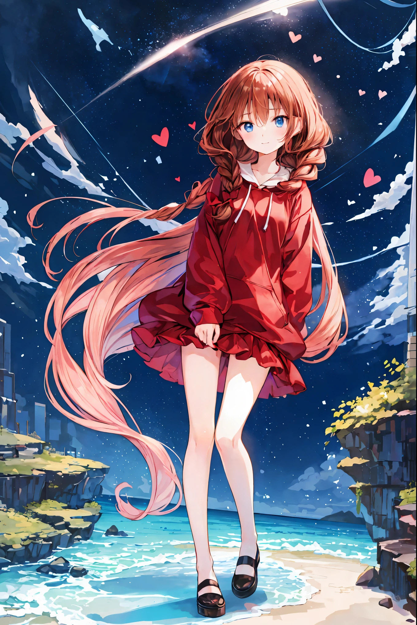 red hoodie girl，(Speaking Heart),  happy ,  open your mouth,  close eyes, Masterpiece, Park,    blue sky,  blondes,    long hair, Bowling Bang Bang    ,    has long eyelashes ,    blue eyes,    Black Gothic Lolita, smile, Ribbon in hair, Gentle expression，  brown hair，  shortcut，  tousled hair ， short braided hair，Neat， Slender and beautiful woman，Correct posture， small breasts，  Beautiful Legs， Enchanting gray- blue eyes are shining like stars，Droopy eyes，  bright color,  beautiful eyes,繊細なsmile, Textured Skin, BEST QUALITY BEST  ,   A parody of a gentle and beautiful woman ,  anime style ､