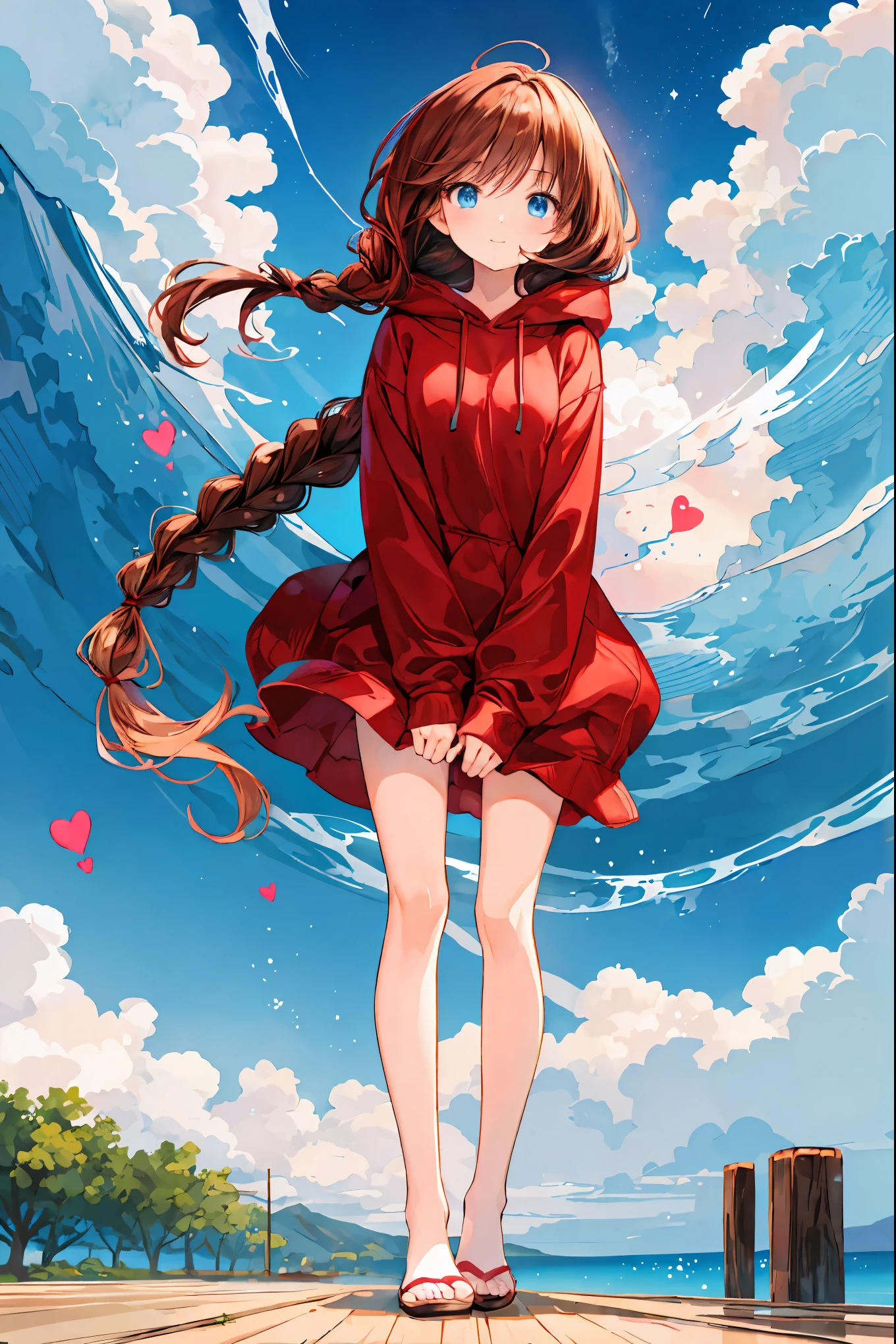 red hoodie girl，(Speaking Heart),  happy ,  open your mouth,  close eyes, Masterpiece, Park,    blue sky,  blondes,    long hair, Bowling Bang Bang    ,    has long eyelashes ,    blue eyes,    Black Gothic Lolita, smile, Ribbon in hair, Gentle expression，  brown hair，  shortcut，  tousled hair ， short braided hair，Neat， Slender and beautiful woman，Correct posture， small breasts，  Beautiful Legs， Enchanting gray- blue eyes are shining like stars，Droopy eyes，  bright color,  beautiful eyes,繊細なsmile, Textured Skin, BEST QUALITY BEST  ,   A parody of a gentle and beautiful woman ,  anime style ､